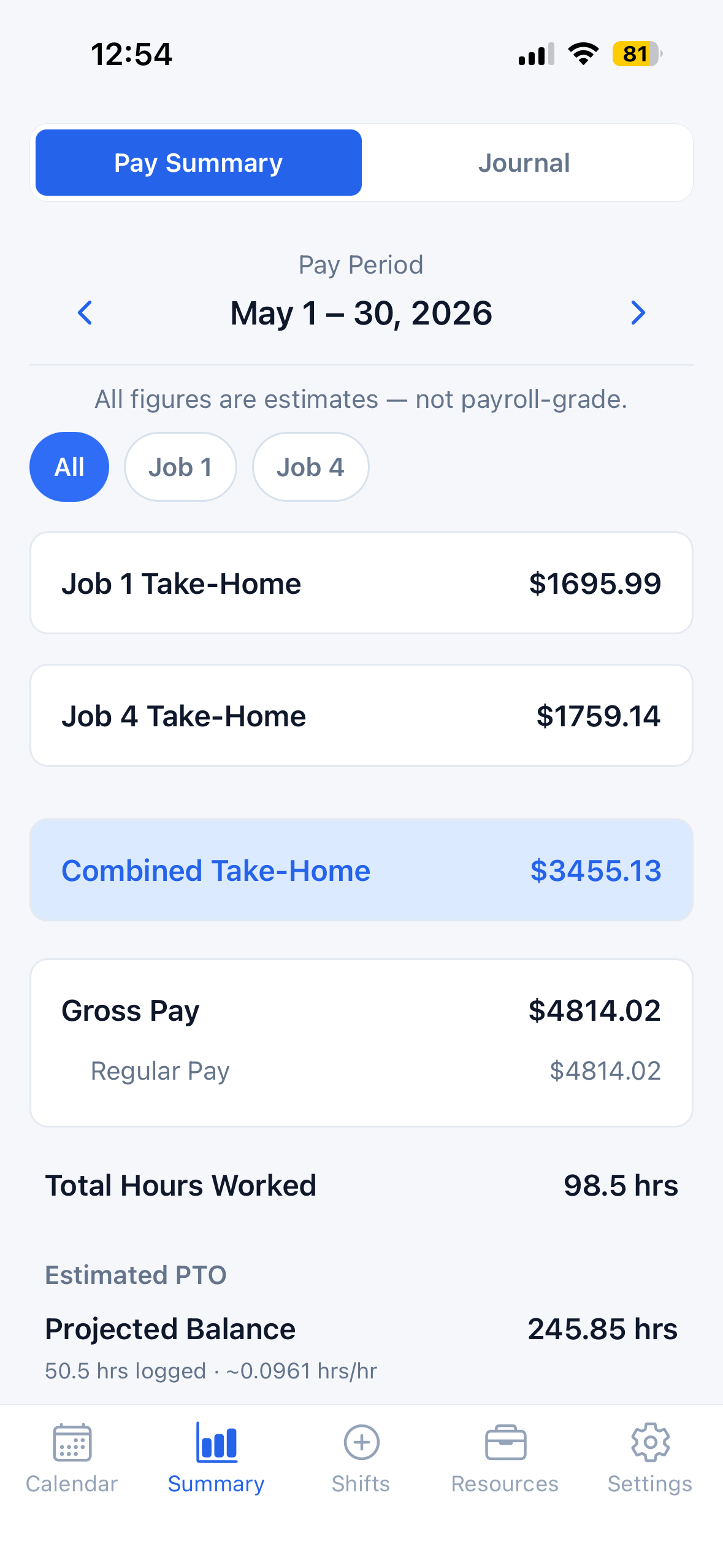 BadgeBoard estimated take-home pay screen